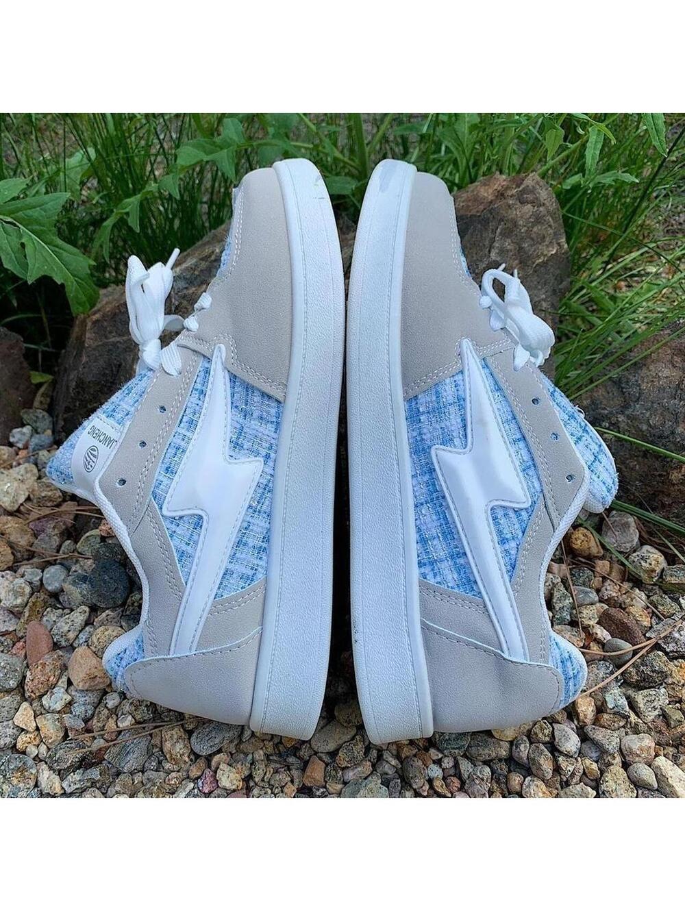 Y2k style Skater Streetwear Light Blue Plaid with White lightning bolt grey - Picture 1 of 8